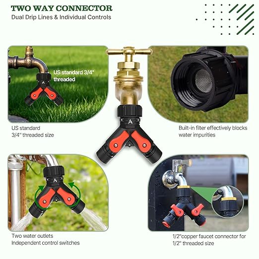 A ANLEOLIFE 100FT Drip Irrigation System Kit, Quick-Connect Garden Watering System with 1/2” & 1/4” Tubing, Y Splitter, 22 Adjustable Emitters & Nozzles for Garden Beds, Greenhouse, Yard