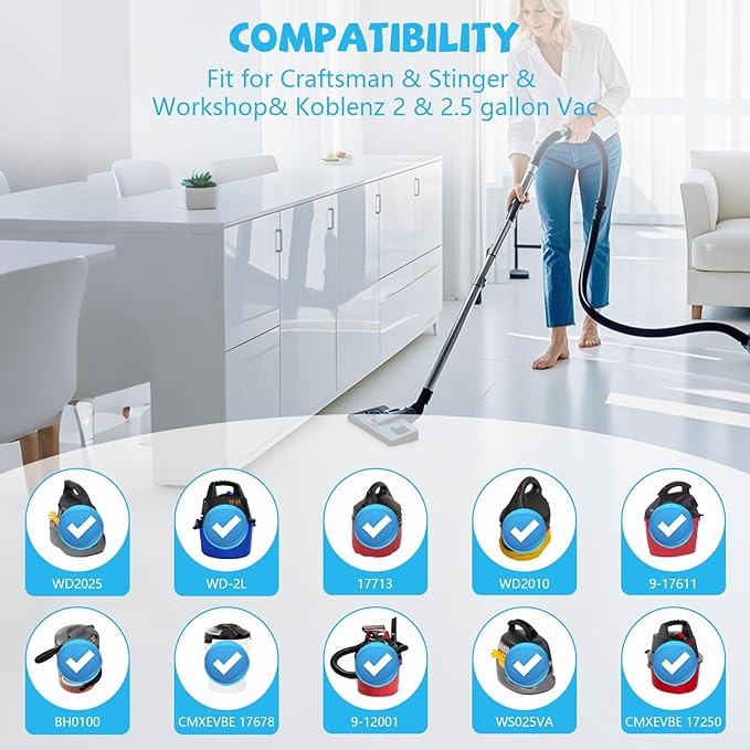 12 Pack 38737 Dust Filter Bags Replacement for Craftsman 2 to 2.5 Gallon Wet/Dry Vacuums and Powerhead Bucket Vac, with 3 Retaining Bands Blue, Part# 9-38737/CMXZVBE38737, WORKSHOP, WS01025F2, VF2000