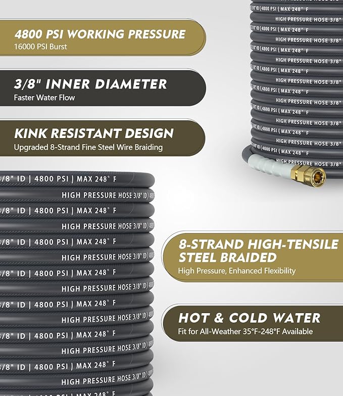 3/8" 4800PSI Pressure Washer Hose 50FT with 360° Swivel Quick Connect, Flexible & Kink Resistant Steel Wire Braided & Durable for Hot/Cold Water, High Power Washer Hose With M22 14mm Adapter