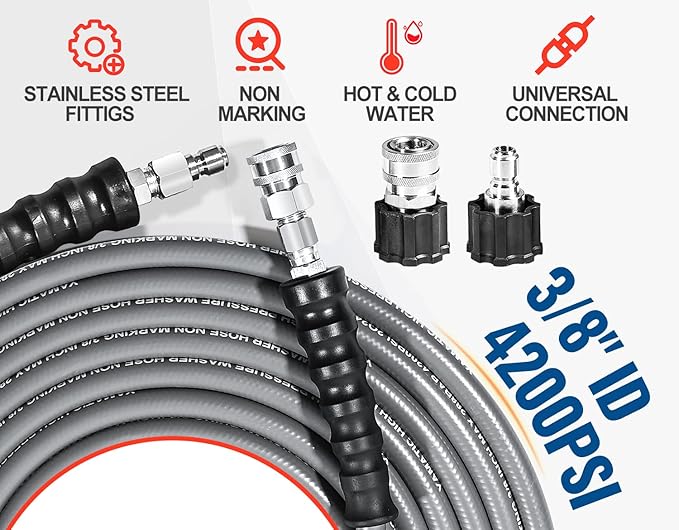 YAMATIC 3/8" Pressure Washer Hose 50FT with Stainless Steel Swivel 3/8" Quick Connect, 4200 PSI Non Marking Rubber Wear Resistant Steel Braided Industry Grade for Hot/Cold Water Gas Power Washer
