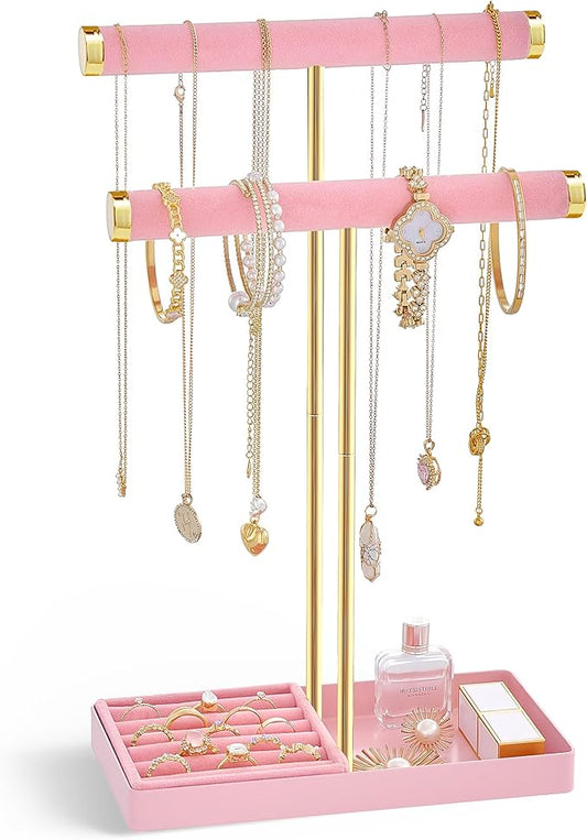 Lolalet 2-Tier Necklace Holder Display, Velvet Wrapped Bracelet Stand with Removable Ring Tray, Tall Jewelry Organizer for Bangles Watches Earrings, Galentines Valentines Gifts for Girls Women -Pink
