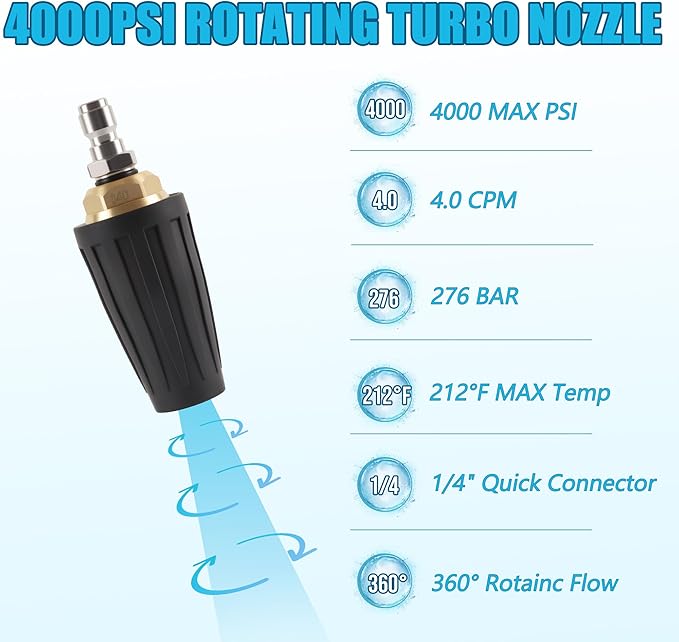 Pressure Washer Tips Turbo Nozzle 4000 PSI with 7 Pieces Spray Tips, 4.0 GPM 4.0 Orifice, 1/4" Quick Connect for Concrete, Cleaning Brick and Vinal Surfaces