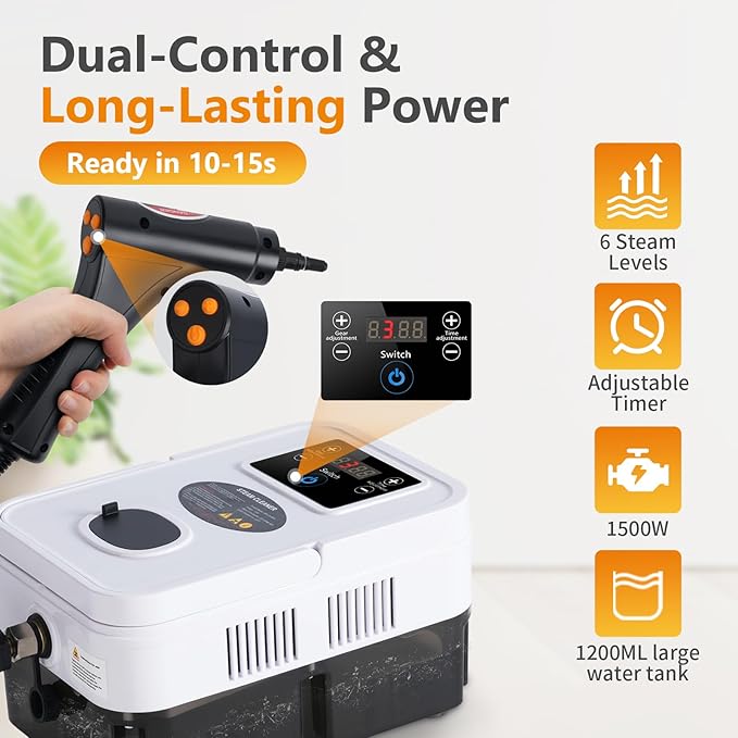 Steam Cleaner for Home & Car, 15s Fast Heat-Up, 1.2L Large Tank, 221°F High-Temp Portable Handheld Steamer for Deep Cleaning Grout, Tile, Grease, Floors & Sanitizing Furniture, Couch, Car Detailing