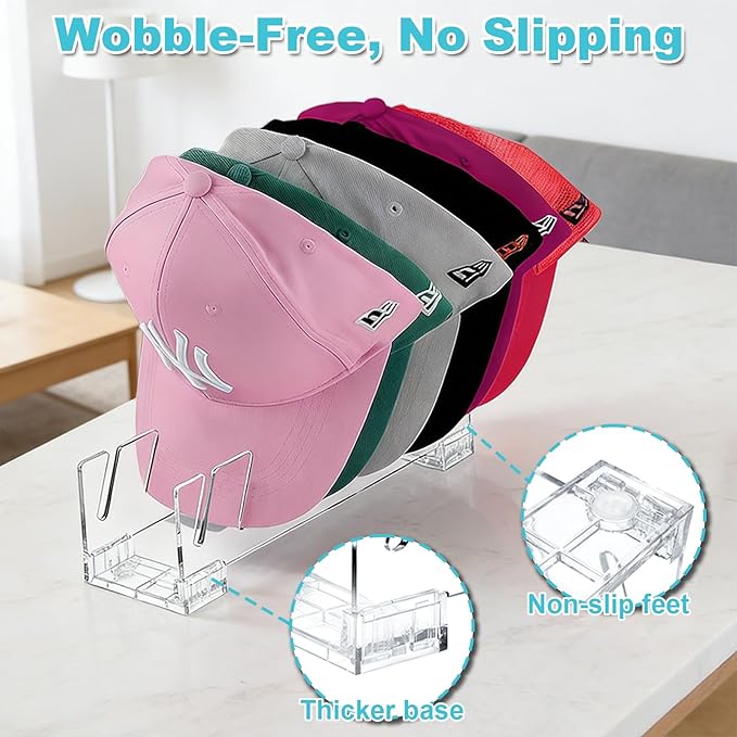 FAMOVELL® 4 Pack Acrylic Hat Organizer for Baseball Caps, Clear Hat Stand for Closet Dresser Bedroom and Shelf - Non-Slip Cap Holder Displays and Holds Up to 28 Tennis or Trucker Hats