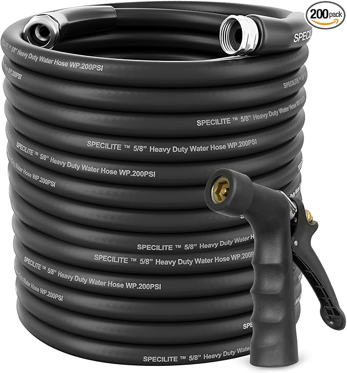SPECILITE 5/8" Hot/Cold Garden Hose 200 ft with Industrial High Pressure Nozzle, Flexible & Lightweight, 600psi Burst Rubber Water hose -50℉-158℉ With 3/4"Stainless Steel Fittings for Yard, Black