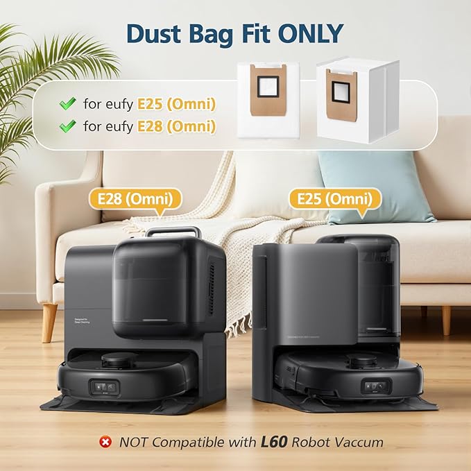 E25 / E28 Dust Bag, 12 Pcs Vacuum Bags for Eufy E25 and E28 Robot Vacuum, 3L Large Capacity Replacement Bags, Leak-Proof