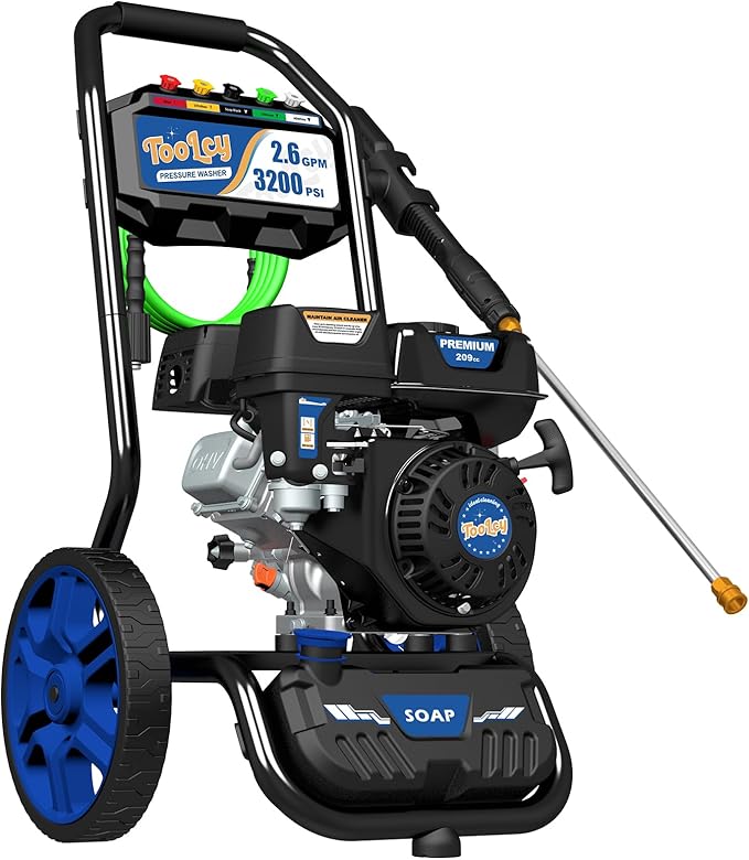 TOOLCY Gas Powered Pressure Washer, 3200 PSI and 2.6 Max GPM, Reinforced Pump, 35FT Extended Power Hose, Kink-Less Swivel Gun with & 5 Nozzles, for Cars/Fences/Driveways/Homes/Patios