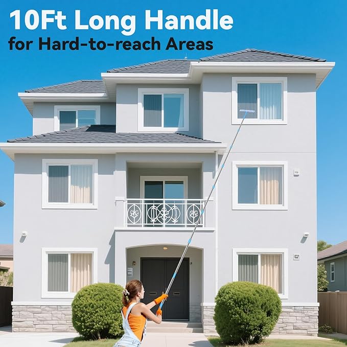 3m Window Cleaner Tool Kit with Long Handle, 35cm Window Washing Squeegee & 38cm Scrubber Cleaning Equipment for High Windows, Shower Glass, Car, RV (Blue)