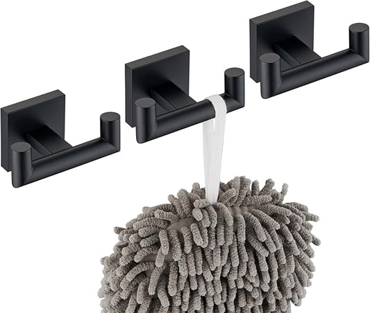 KOKOSIRI Robe Hook Bathroom Double Towel Coat Hooks Matte Black for Bath Kitchen Wall Mounted, 3 Pack Stainless Steel B1015BK-P3