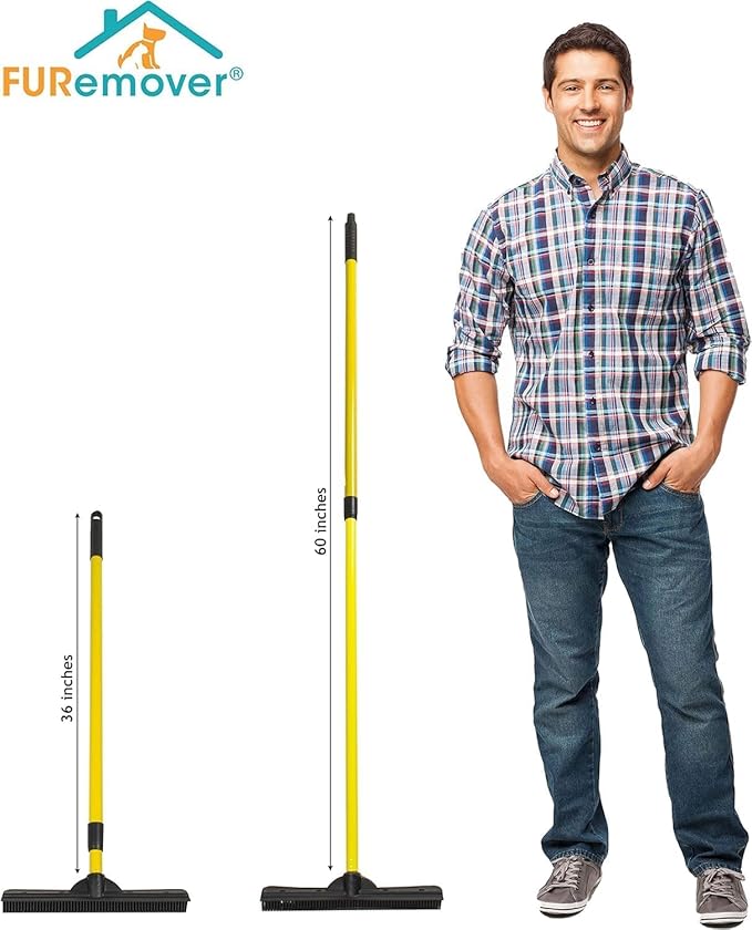 FURemover Original Pet Hair Rubber Broom with Squeegee, with 58” Telescopic Handle for Carpet, Tile and Hardwood and Scrub Cloth Combo