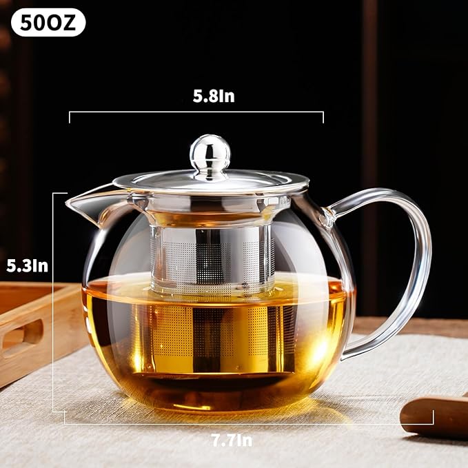 PARACITY Glass Teapot Stovetop 50 OZ/1500ml, Tea pot with Removable 18/8 Stainless Steel Infuser, Borosilicate Clear Tea Kettle, Teapot Blooming and Loose Leaf Tea Maker Tea Brewer for Camping, Travel