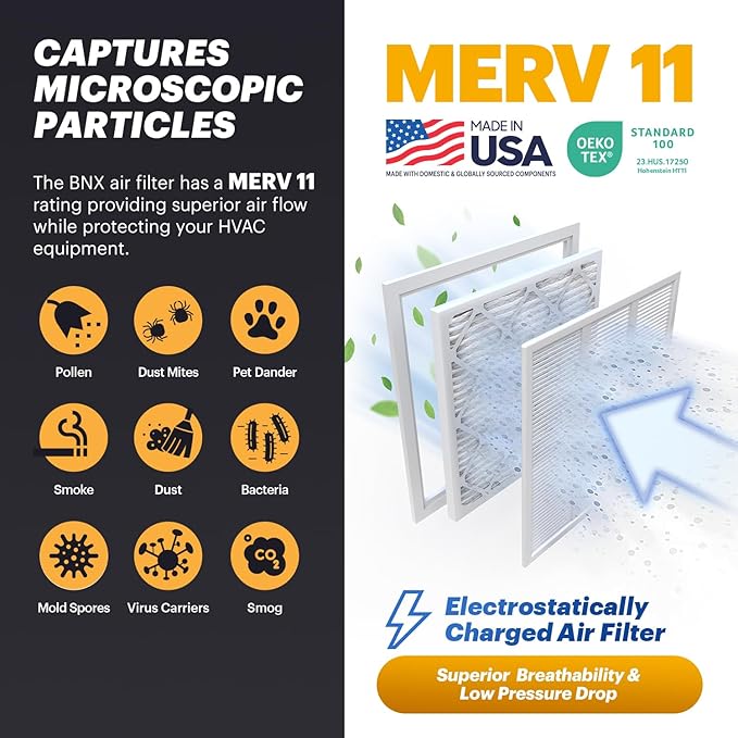 BNX TruFilter 16x24x1 Air Filter MERV 11 (12-Pack) - MADE IN USA - Allergen Defense Electrostatic Pleated Air Conditioner HVAC AC Furnace Filters for Allergies, Dust, Smoke, Allergy MPR 1200 FPR 7