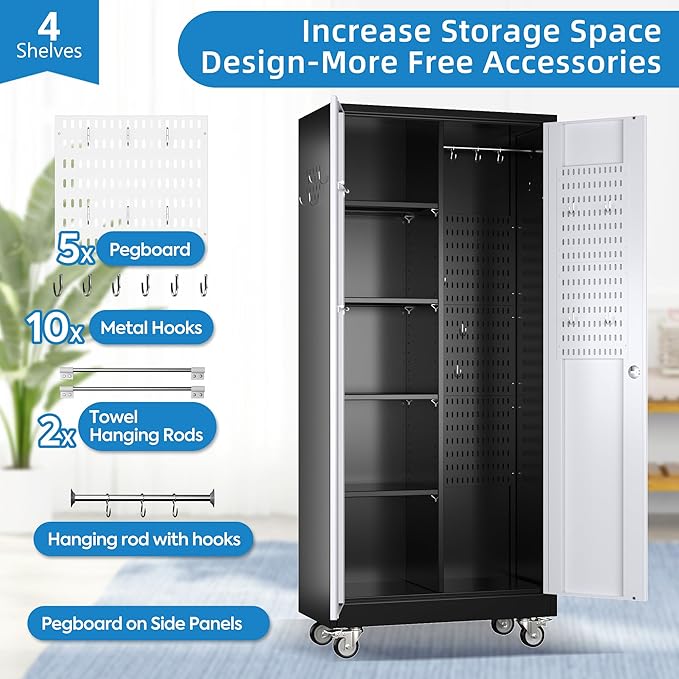 SUXXAN Broom Closet Storage Cabinet with Wheels 71.4"x 31.5"x15.7", Metal Cleaning Cabinets with Hooks and Hanging Rods, Lockable Cabinet with Pegboard, Adjustable Shelf(Black/White)