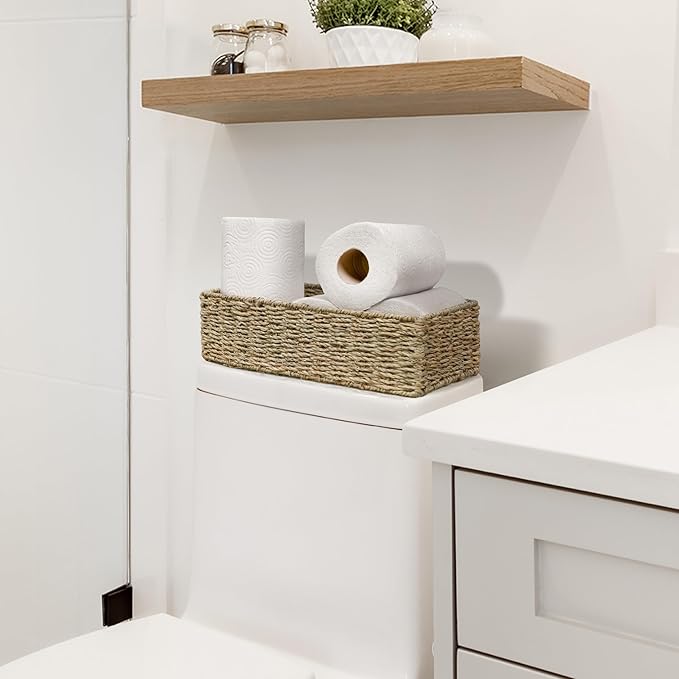 HOMESTEAD 2-Pack Rectangular Seagrass Storage Baskets with Built-In Handles, Handwoven Wicker Baskets for Pantry, Shelf, Closet & Bathroom Organization, 16 × 6.75 × 4.25 in