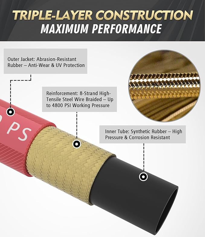 3/8" 4800PSI Pressure Washer Hose 150FT with 360° Swivel Quick Connect, Flexible & Kink Resistant Steel Wire Braided & Durable for Hot/Cold Water, High Power Washer Hose With M22 14mm Adapter