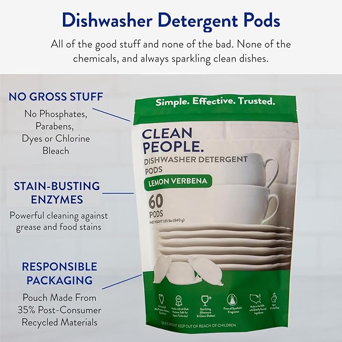 Clean People Dishwasher Pods - Cuts Grease & Rinses Sparkling Clean - Residue-Free - Phosphate Free Dishwashing Pods - Fragrance Free, 120 Pack