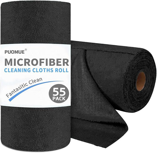 55 Pack Microfiber Cleaning Cloth Roll, Tear Away Reusable Towels, 11" X 9", Ultra Absorbent & Lint Free Microfiber Cloth for Cleaning Cars, Kitchen, Window, Home and Shop, Black