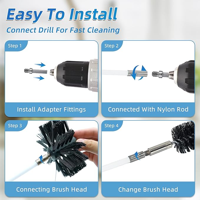 15 Feet Dryer Vent Cleaning Brush Kit, Multi-Scene Durability Chimney Brush with Flexible Nylon Rod, Multi-Purpose lint Cleaning Brush for Drill,Chimneys, fireplaces, Ventilation ducts
