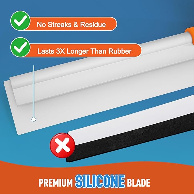 Silicone Floor Squeegee for Shower Glass, Floor, and Garage - Heavy-Duty Pet Hair Remover, Bathroom Tile Cleaner, Window Wiper - Flexible, No Streaks, Compact Storage