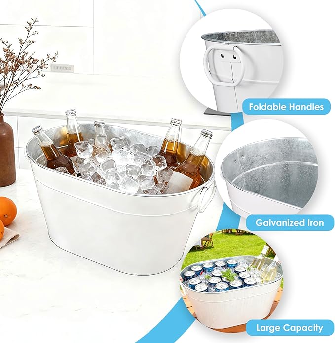 2PCS Galvanized Tub Ice Bucket for Parties, Thick Metal Galvanized Drink Buckets, Beverage Bucket with Handles, Drink Bucket for Indoor & Outdoor Party (White)
