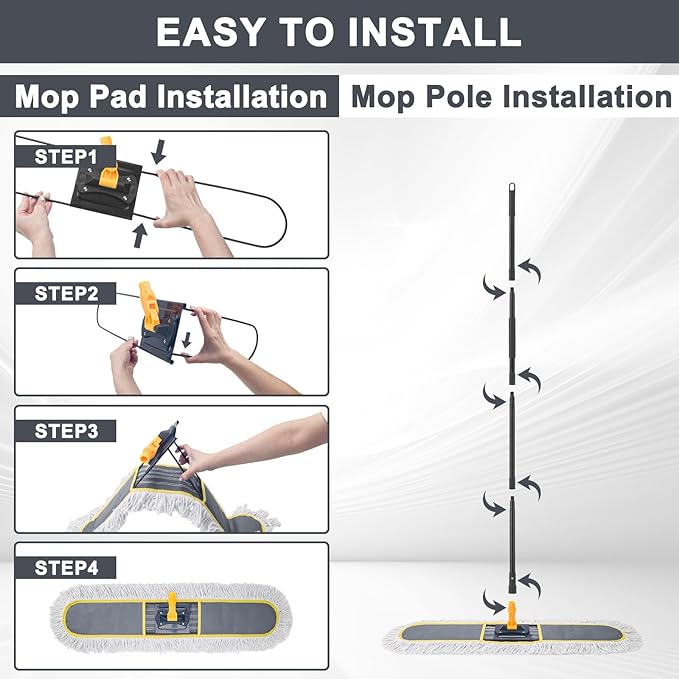 24" Commercial Dust Mop for Floor Cleaning,Heavy Duty Floor Duster Sweeper Broom with 2 Replacement Mop Pads,Large Wet Dry Flat Mops for Hardwood Floors,Marble, Laminate,Tile,Concrete,Garage (Grey)