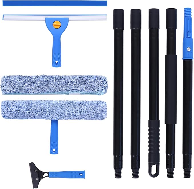 3-in-1 Professional Window Squeegee Kit with 2 Squeegee, 2 Microfiber Scrubber, 1 Razor Scraper, Thick Iron, 77.5" Window Squeegee with Extension Pole for Car, Glass, Mirror, Wall, Bathroom, Home, Van