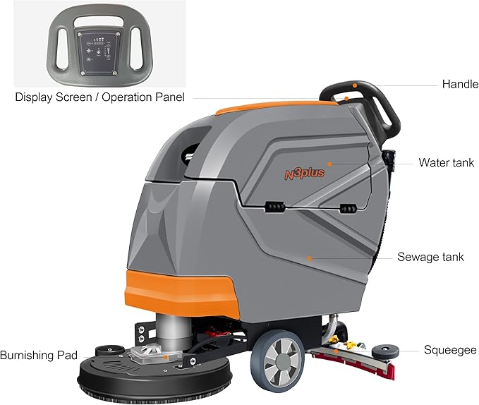 PENNON N3Plus Self-Propelled Walk-Behind Floor Scrubber - 20" Cleaning Path, 31" Squeegee, 13-Gal Recovery Tank, 220 RPM, Forward & Reverse Drive, One-Touch Noise Reduction, Complete Kit