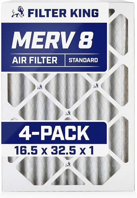 Filter King 16.5x32.5x1 Air Filter | 4-PACK | MERV 8 HVAC Pleated A/C Furnace Filters | MADE IN USA | Actual Size: 16.5 x 32.5 x .75"