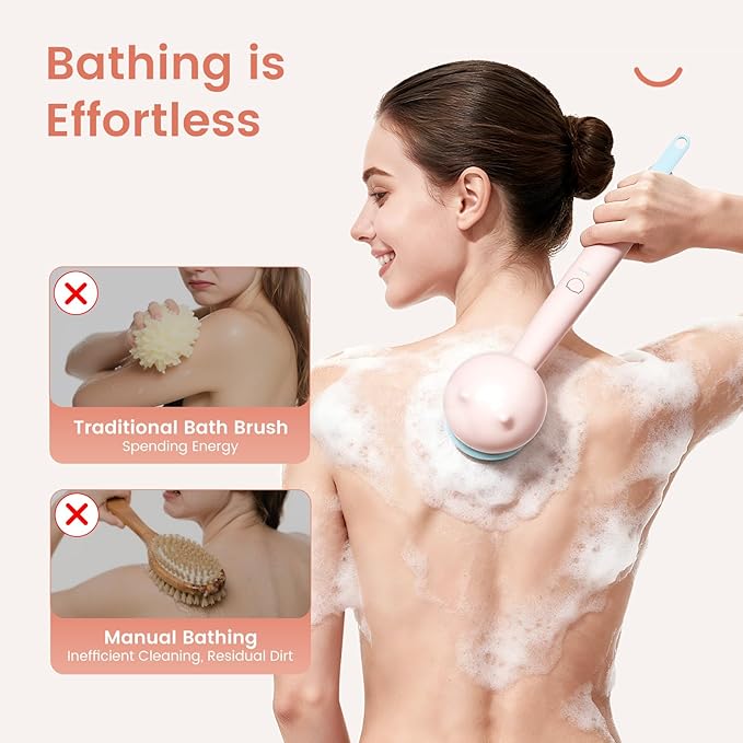 Electric Back Scrubber for Shower Body Brush, Waterproof Shower Body Scrubber for Cleansing, Massaging, Rechargeable Spinning Bath Brush for Kids & Adults with 2 Heads & 3 Speed Modes, Pink
