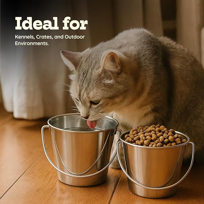 4 Quart Heavy Duty Stainless Steel Round Bucket with Handle | Fits Kennel Cage Critter Crates Farm use | Food & Water Pail for Dogs Cats Goat Pets | Livestock Multipurpose, Pack of 2