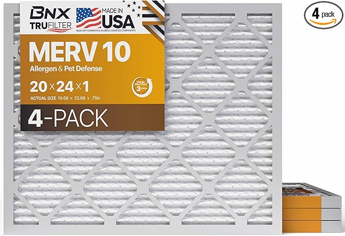 BNX TruFilter 20x24x1 MERV 10 (4-Pack) AC Furnace Air Filter - MADE IN USA - Pleated Air Conditioner HVAC AC Furnace Filters - Removes Odor, Mold, Bacteria, Smoke
