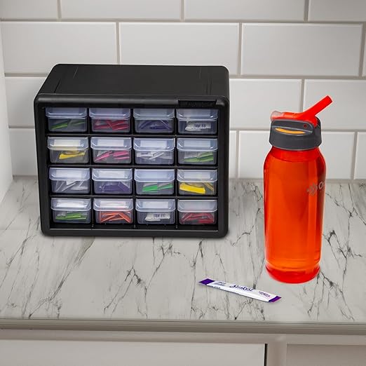 Akro-Mils 16-Drawer Plastic Storage Cabinet | 10-1/2 x 6-1/2 x 8-1/2 Inch | Black | Model 10116 | Garage Organization