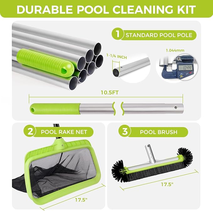 BoxedHome Swimming Pool Cleaning Kit with 10.5Ft Adjustable Aluminum Pole, 17.5" Rounded End Pool Brush Head & Deep Skimmer Net/Basket for Inground & Above Ground Pool