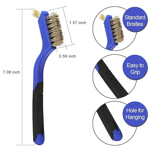 Wire Brushes Pack of 7. for Cleaning Welding Slag, Rust and Dust. 7" Brass, Stainless Steel, Nylon Brushes with Rigid Handle