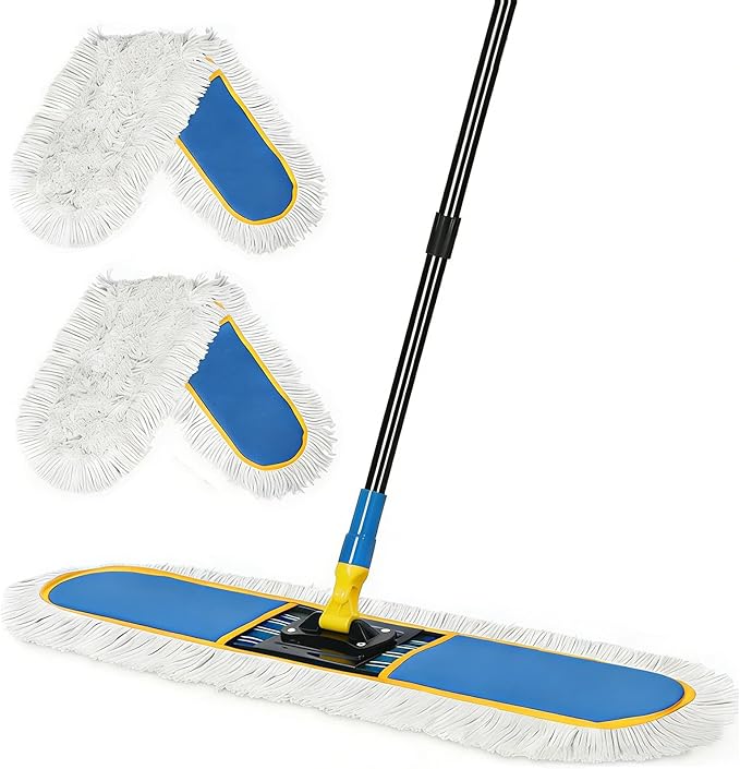 24" Commercial Dust Mop for Floor Cleaning, Heavy Duty Large Industrial Floor Duster with 2 Cotton Mops Pads, Wet Dry Mops for Hardwood Floors,Concrete,Marble,Laminate,Tile,Garage,Blue