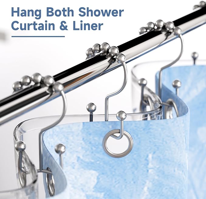 Titanker Shower Curtain Hooks Rings, Rust Resistant Metal Double Glide Shower Hooks Rings for Bathroom Shower Rods Curtains, Set of 24 Hooks - Chrome