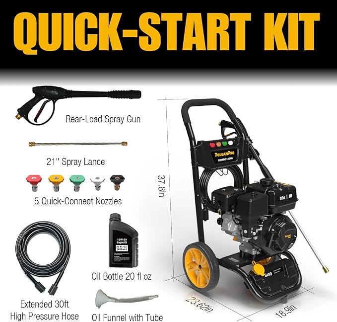 Poulan Pro Gas Pressure Washer, 3100 PSI & 2.5 GPM, 212cc Power High Pressure Washer with 30ft Hose and 10-inch Wheels, 21" Spray Lance, 5 Nozzles for Cars Driveways Patios Fences Daily Cleaning