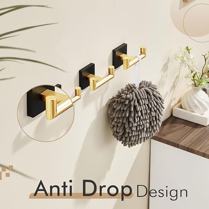 KOKOSIRI Robe Hooks Bath Towel Hooks Bathroom Hardware Double Coat Hooks Wall Mounted, Stainless Steel 3 Pack Black with Gold B1015GDK-P3