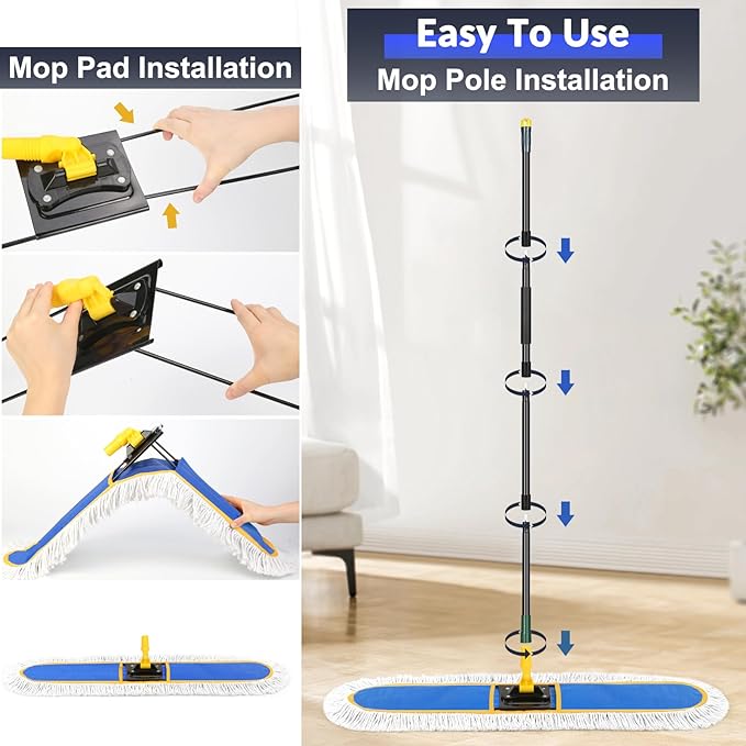 CLDREAM 24" Commercial Dust Mop for Floor Cleaning with 2 Mop Head, Large Industrial Push Broom Mops with 60" Long Handle,Wet Dry Floor Duster for Concrete Hardwood Tiles Marble Floors