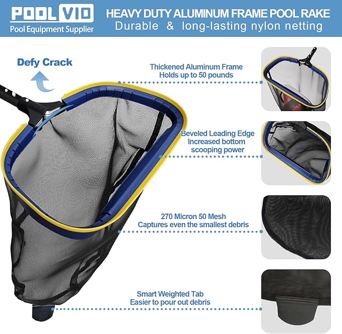 Poolvio Upgraded Pool Cleaning Kit – Weighted Vacuum Head with Wheels, 2-in-1 Pool Brush & Skimmer Net for Easy Debris Removal (No Pole)