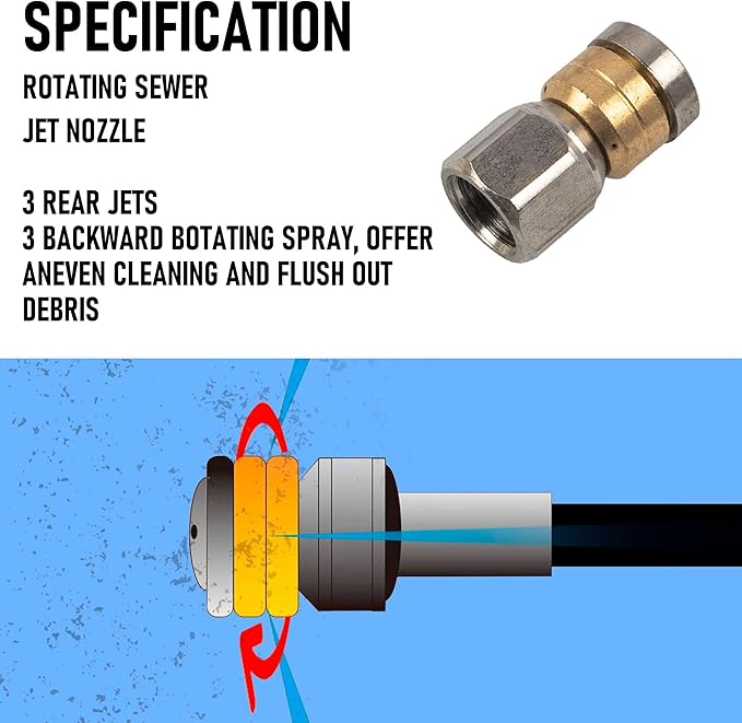 Hourleey Sewer Jetter Kit for Pressure Washer 150FT, Drain Cleaner Hose 1/4 Inch NPT, Orifice 4.0 Button Nose and Rotating Sewer Jetting Nozzle Spanner Tape Pearl Corsage Pin, 4000 PSI