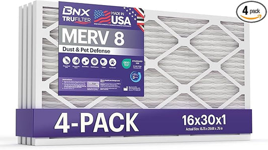 BNX TruFilter 16x30x1 Air Filter MERV 8 (4-Pack) - MADE IN USA – Dust & Pet Defense Electrostatic Pleated Air Conditioner HVAC AC Furnace Filters for Dust, Pet, Mold, Pollen MPR 600 – 700 & FPR 5