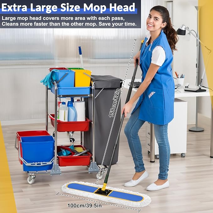 CLDREAM 24" Commercial Dust Mop for Floor Cleaning with 2 Mop Head, Large Industrial Push Broom Mops with 60" Long Handle,Wet Dry Floor Duster for Concrete Hardwood Tiles Marble Floors