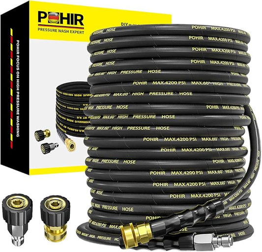 POHIR Power Washer Hose 125FT, High Pressure Washer Hose with 3/8'' Quick Connector, Steel Wire Braided Hose with 2 Quick Connect Kits Compatible M22 14 mm, Hose for Pressure Washer 4200 PSI