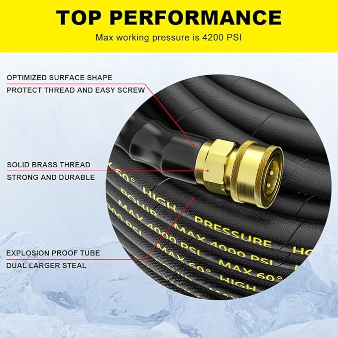 POHIR Power Washer Hose 100FT with 3/8'' Quick Connect, High Tensile Wire Braided Car Wash Water Hose with 2 Quick Connect Kits Compatible M22 14 mm, 1/4 Inch Hose for Pressure Washer, 4200 PSI