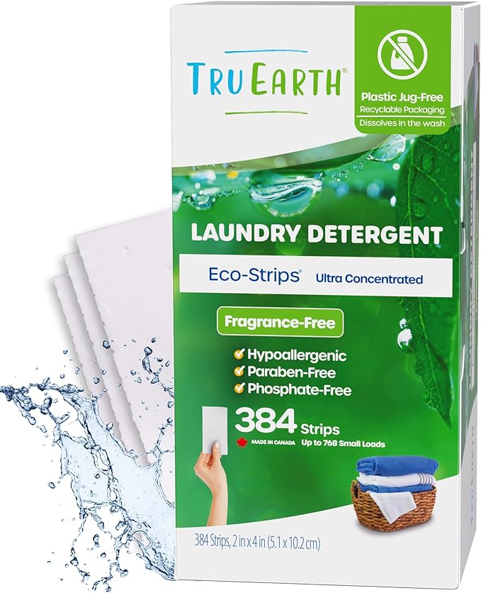 Tru Earth Compact Dry Laundry Detergent Sheets, Unscented - Up to 768 Loads (384 Count) - Paraben-Free - Original Eco-Strip Liquidless Detergent, Travel Sheets, Bulk