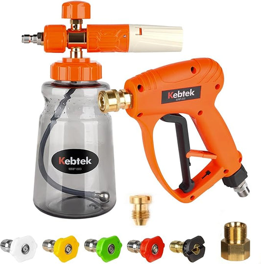 Short Pressure Washer Gun with Swivel 5200 PSI，Power Washer Gun Compatible with Foam Cannon - Car Wash Foam Gun-1/4 Quick Connector, with Nozzle Tips (MRP-003-B-spray Gun+Foam Pot)