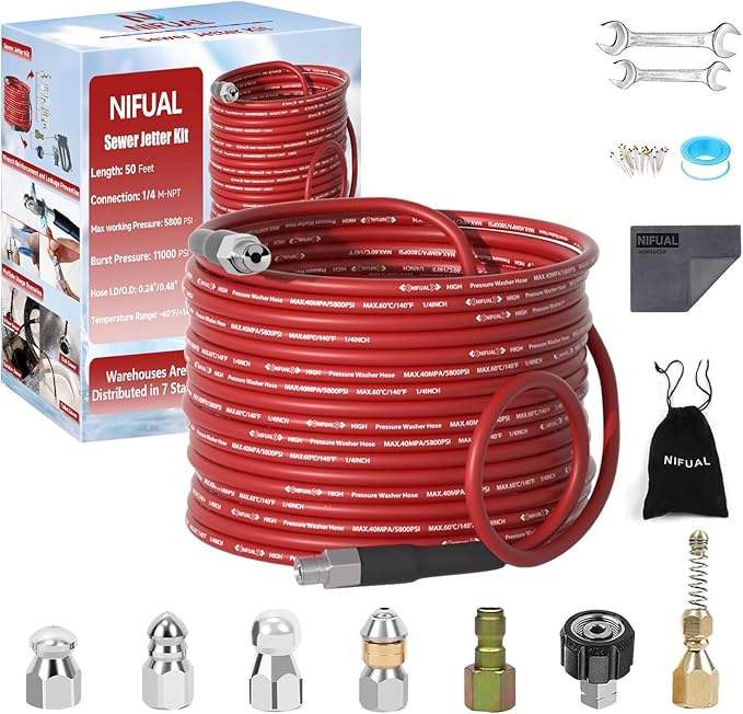 NIFUAL Sewer Jetter Kit for Pressure Washer,50FT 5800PSI Pressure Drain Cleaner 1/4 Inch NPT Corner Rotating and Button Hose Sewer Jetting Nozzle for Homeowners & DIYers (50FT)