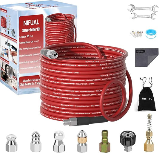 NIFUAL Sewer Jetter Kit for Pressure Washer,50FT 5800PSI Pressure Drain Cleaner 1/4 Inch NPT Corner Rotating and Button Hose Sewer Jetting Nozzle for Homeowners & DIYers (50FT)