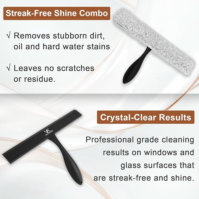 Shower Squeegee for Glass Doors & Microfiber Scrubber Kit 11Inch Window Washing Tools with Non-Slip Handle and Adhesive Hook